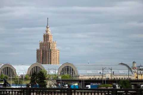 View of the academy of sciences and the old market in Riga, Latvia Stock Photos