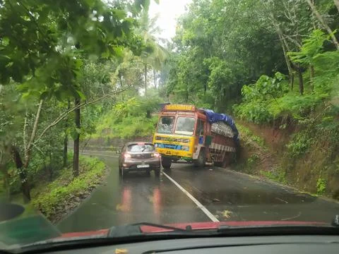 View of an accident between Container Lorry and a Car Stock Photos