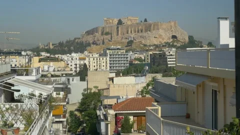 View of the Acropolis from the balcony of an apartment Stock Footage 130214904