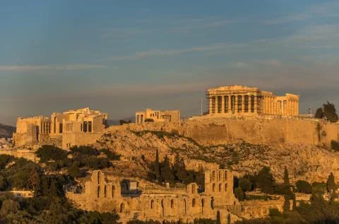 View to Acropolis with Propylaea and The Odeon of Herodes Atticus Theatre. At Stock Photos