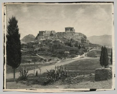 View of the Acropolis (walking man in foreground), c. 1880s. Adolphe Braun .. Stock Illustration
