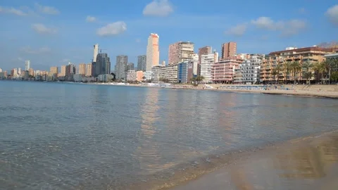 View across the bay to Poniente Beach in Benidorm Spain Stock Footage 306242575