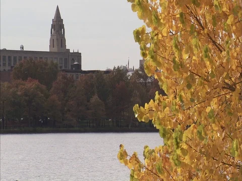 View across the Charles River in autumn, Boston University in background. Stock Footage 86750364