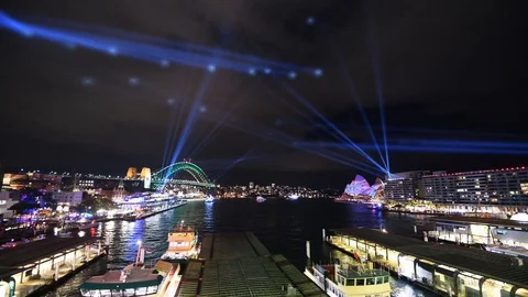 View across Circular Quay from Cahill Express Way to Sydney Harbour Bridge Stock Footage 128401115