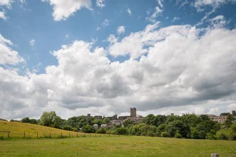 View across fields to Richmond Castle and Town Stock Photos