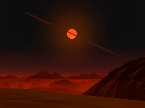 A view across a hypothetical primitive alien planet towards a brown dwarf in the Stock Illustration