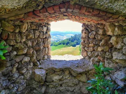 View Across Old Castle Through Stone to Nature 库存照片