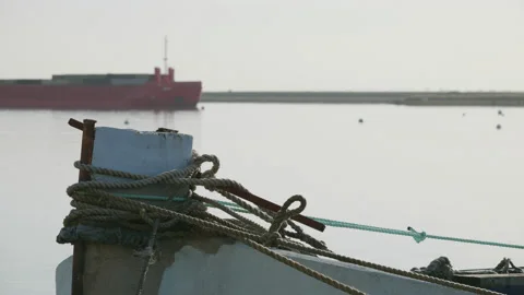 View across a river to a passing container ship and motorboat. 4K tripod Stock Footage 164913282
