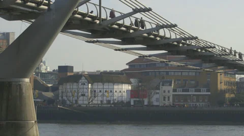 View across the River Thames of Shakespeare's Globe and the Millennium Bridge Video stock 36192252