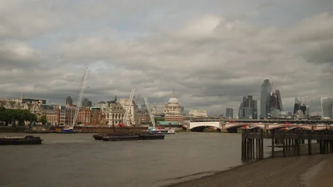 View across Thames Beach of river and London skyline. London, United Kingdom. Stock Footage 202043006