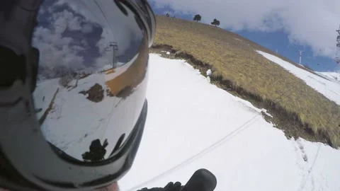 View from action camera aimed at mask of snowboarder riding on ski elevator Stock Footage 133044301