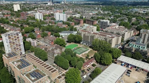 View of Acton Gardens and Bollo Brook Park in the Ealing borough of West London Stock Footage 261355483