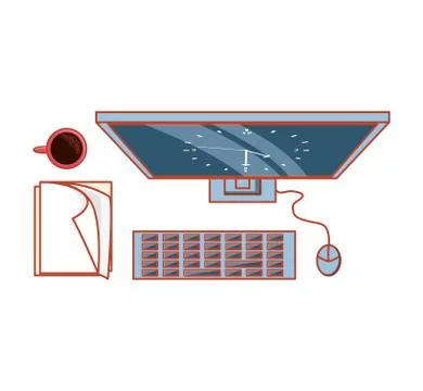 View aerial of computer with documents and cup coffee Stock Illustration
