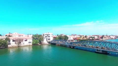 View aerial the Faidherbe bridge of The Saint Louis island Senegal river Stock Footage