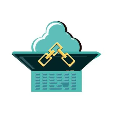 View aerial of laptop with cloud computing and chains Illustrazione stock