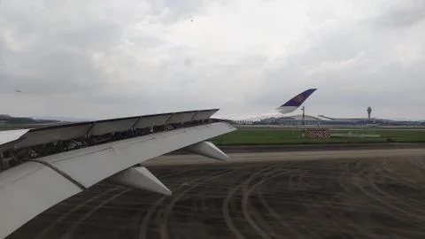 View from the aeroplane window at the runway Stock Photos