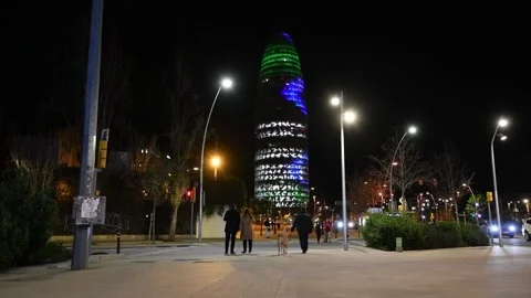 View of the agbar tower during the LLum 2022 lighting festival Barcelona Stock Footage 170311014