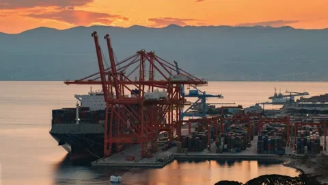 View of AGCT container terminal at sunset in Rijeka, Croatia. Stock Footage 339917105