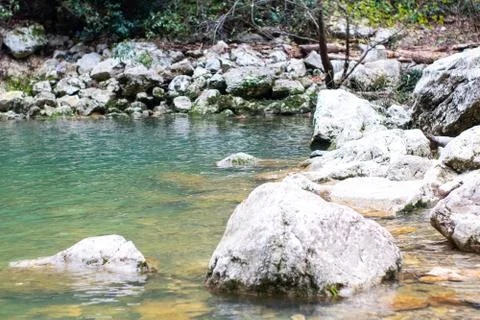 View of the Agur river with stone Stock Photos