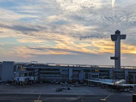 View of the air traffic control tower at John F. Kennedy International Airport Stock Photos
