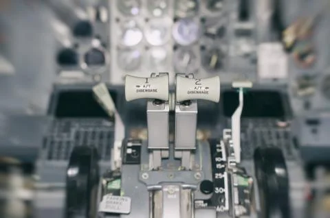 View of aircraft thrust lever. Motion effect. Foto stock