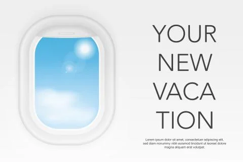 View from airplane. Aircraft flight interior window. Vacation destinations Stock Illustration