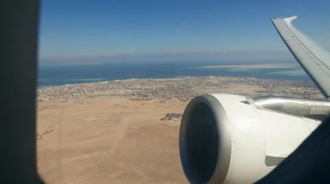 View from the airplane. Takeoff aicraft over desert near the Red Sea Stock Footage 59677608
