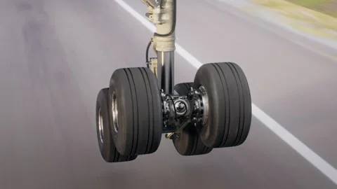View on airplane wheel at landing, close up shot 库存影片 344809782