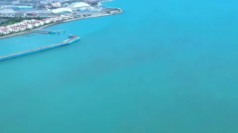 View from an airplane window flying over turquoise water in the Black sea. Stock Footage 281715737
