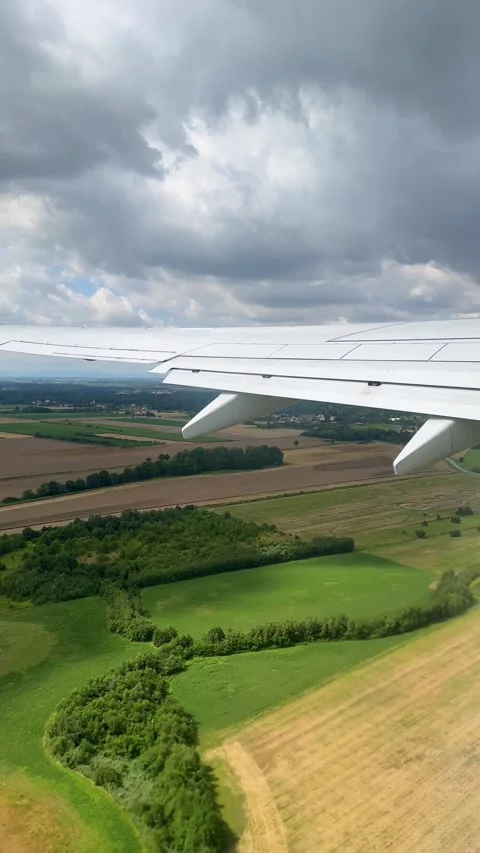 View from airplane window of green fields and trees under cloudy sky Stock Footage 333409525