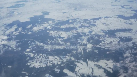 View from the airplane window on snowy winter fields of Wroclaw Stock Footage 108223687