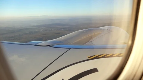 View From The Airplane Window To The Wing And Engine During Landing Stock Footage 111431217