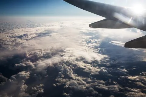 View from airplane window on the wing . Stock Photos