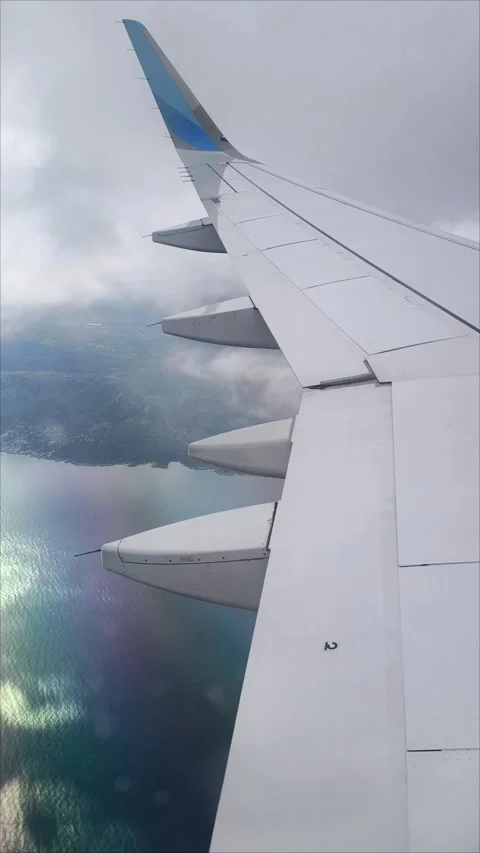 View from the airplane window of the wing, sea and coast on a sunny day Stock Footage 307379209