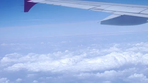 View of an airplane wing from the inside, flying above the clouds. Stock Footage 246880069