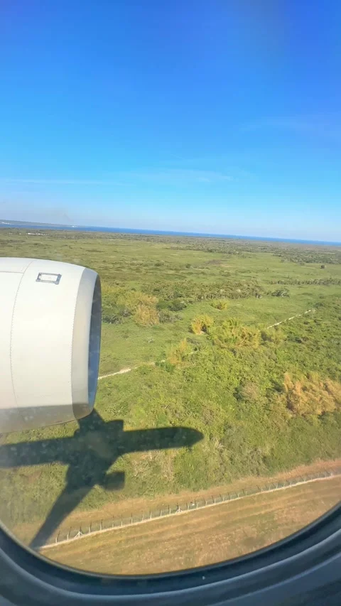 View of airplane wing, Shadow of the plane on the ground during landing Stock Footage 265889245