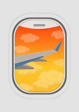 View of airplane wing through airplane window with orange sky Stock Illustration