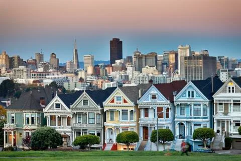 View from alamo square at twilight Stock Photos