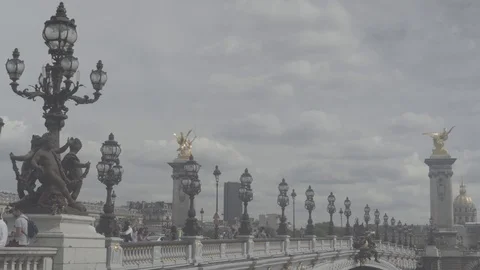View of the Alexander III Bridge, cloudy sky, many people. Paris Stock Footage 91095408