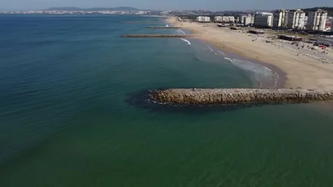 View along Caparica coast empty beaches &amp; Lisbon in background 4K - part 1 Video stock 154468966