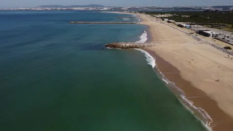 View along Caparica coast empty beaches &amp; Lisbon in background 4K - part 2 Stock Footage 154468983