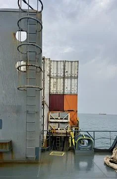 View Along the Container Ship Deck from the Forecastle with Cargo Containers and Stock Photos