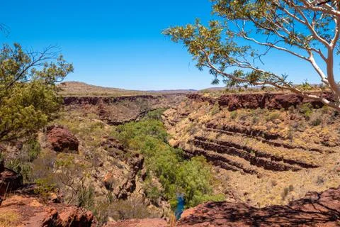View along the Dales Gorge at Karijini National Park Australia green oasis Stock Photos