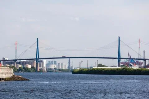 View along the Elbe river to the famous Koehlbrandbruecke in Hamburg. Stock Photos