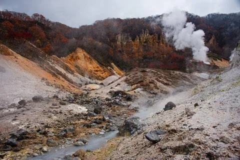 View along the Hell Valley in autumn, Noboribetsu, Hokkaido, Japan, Asia C... Stock Photos