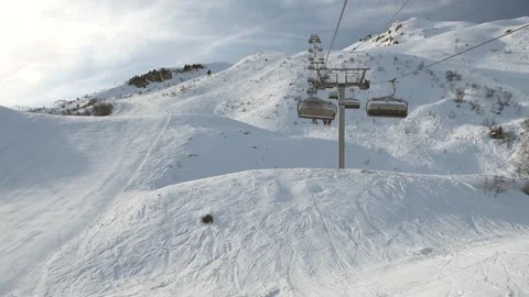 View of an alpine ski slope while traveling on chairlift Stock Footage 194938812