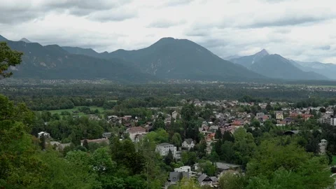 View of the Alps and the city from Bled Castle Slovenia Video stock 242944686