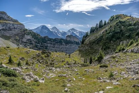 View into alps eiger monch and jungfrau summer daytime panorama Stock Photos