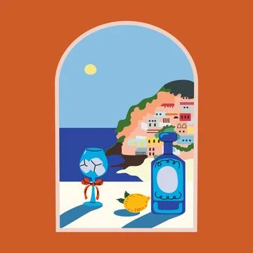 View of Amalfi Coast through arched window with wine bottle, glass, and lem.. Stock Illustration
