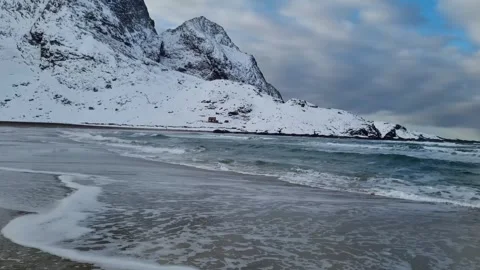 View of amazing sandy Bunes beach with sea and mountains in winter, Lofoten  Video stock 319850254